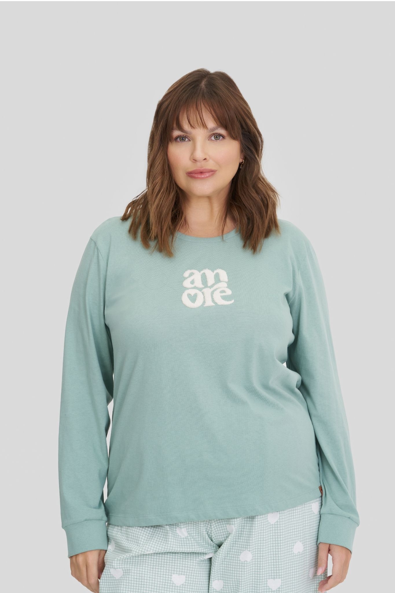 Pijama Feminino Plus Size Manga Longa Com Calça