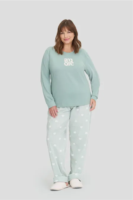 Pijama Feminino Plus Size Manga Longa Com Calça