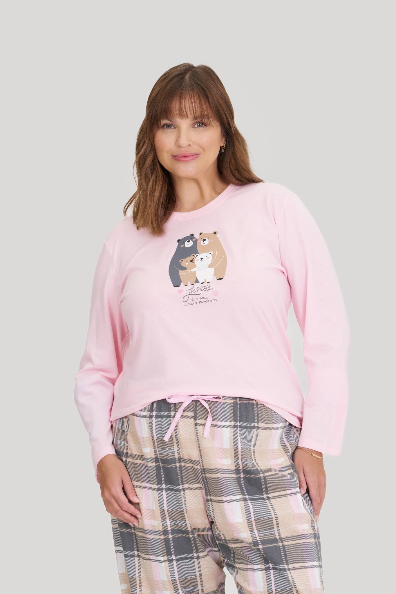 Pijama Feminino Plus Size Manga Longa Com Calça