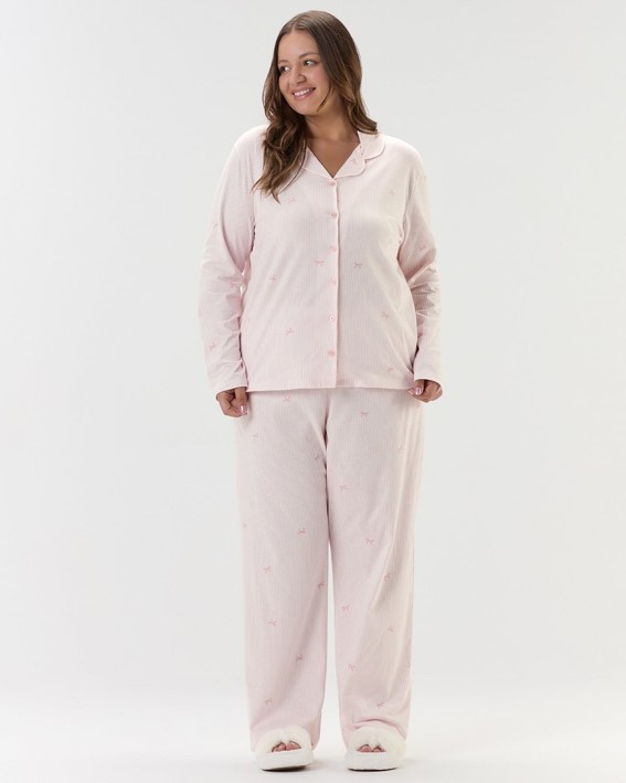 Pijama Feminino Manga Longa Americano Com Calça Plus Size
