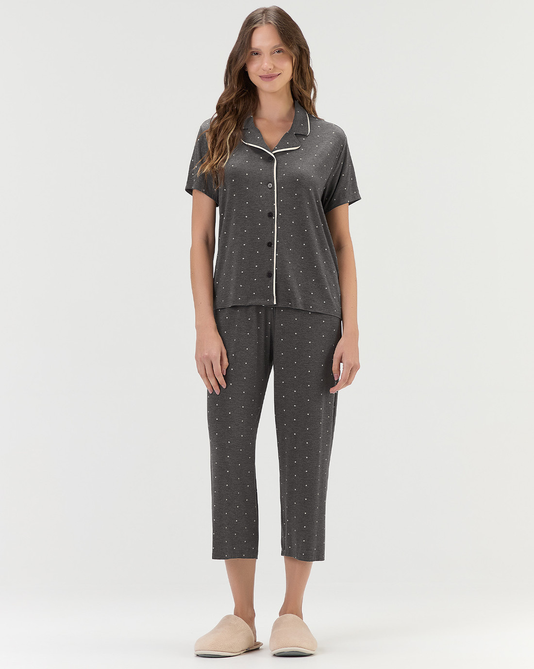 Pijama Feminino Americano Manga Curta Com Calça Midi