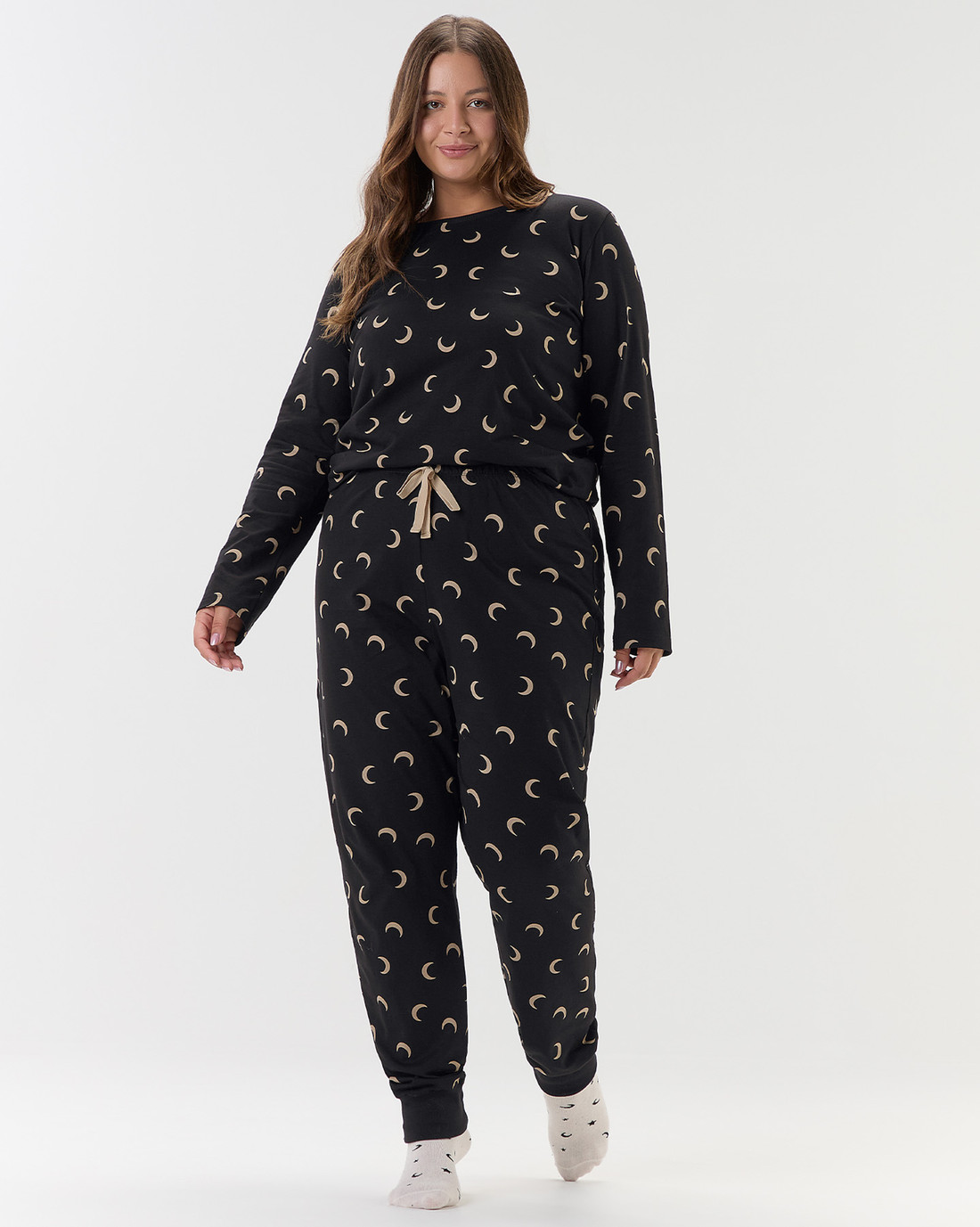 Pijama Feminino Plus Size Manga Longa Com Calça