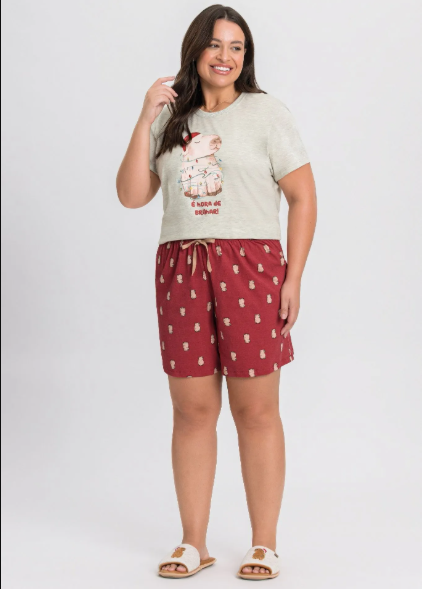 Pijama Feminino Plus Size Manga Curta Com Shorts