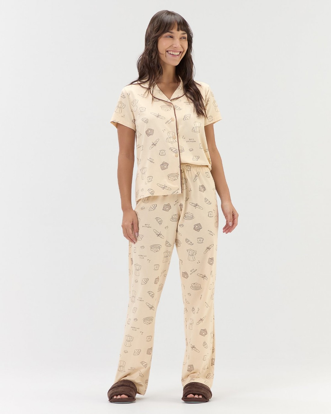 Pijama Feminino Americano Manga Curta Com Calça