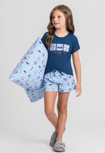 Pijama Infantil Feminino Manga Curta Com Shorts