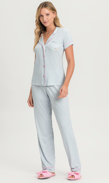 Pijama Feminino Americano Manga Curta Com Calça